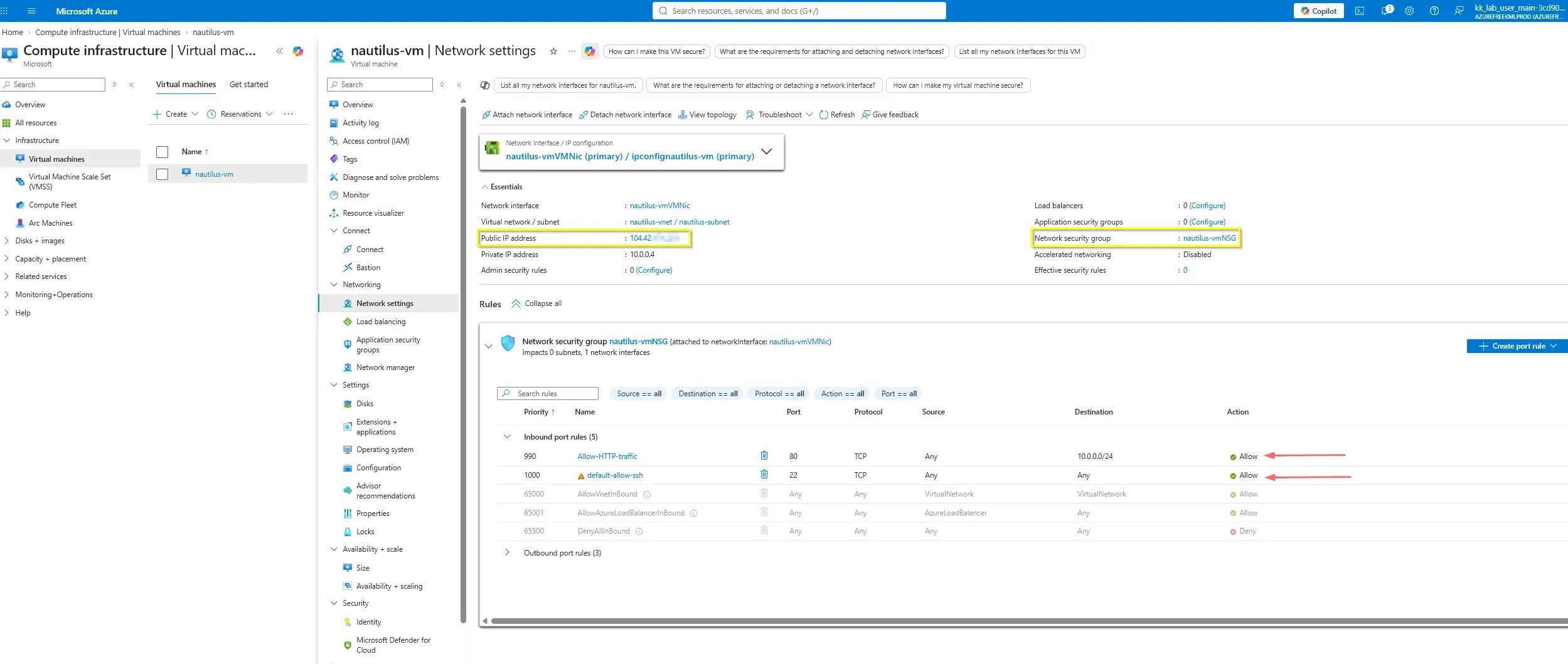 VM NIC and NSG Configuration